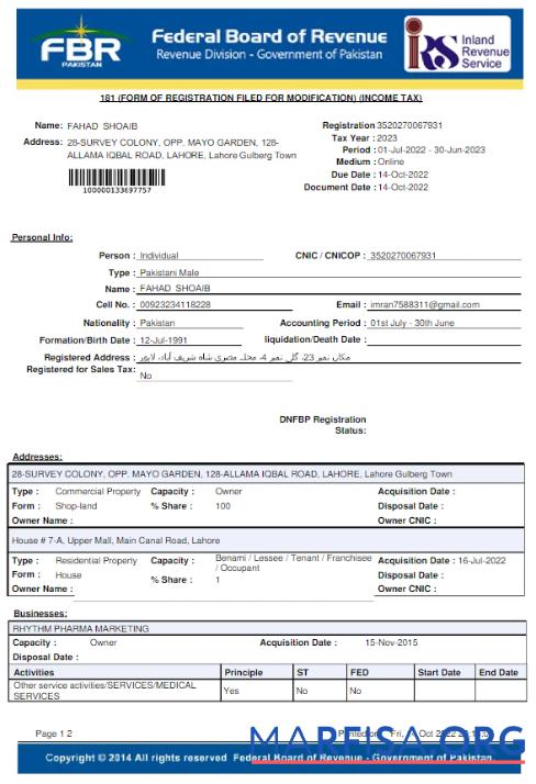 Blank PAKISTAN FBR utility bill Word and PDF template